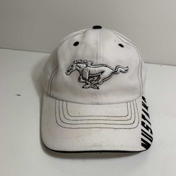 Ford Mustang Embroidered Adjustable Ball Cap Hat White / Black Checkered Flag - Picture 1 of 11
